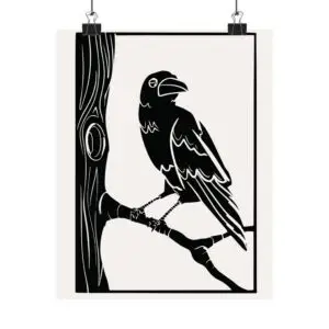 Raven Silhouette Poster — Black & White Matte Vertical Wall Art
